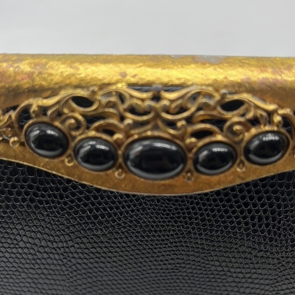 Vintage Black Gold Leather Snakeskin Metal Embellished Evening Bag After Five - Picture 3 of 15